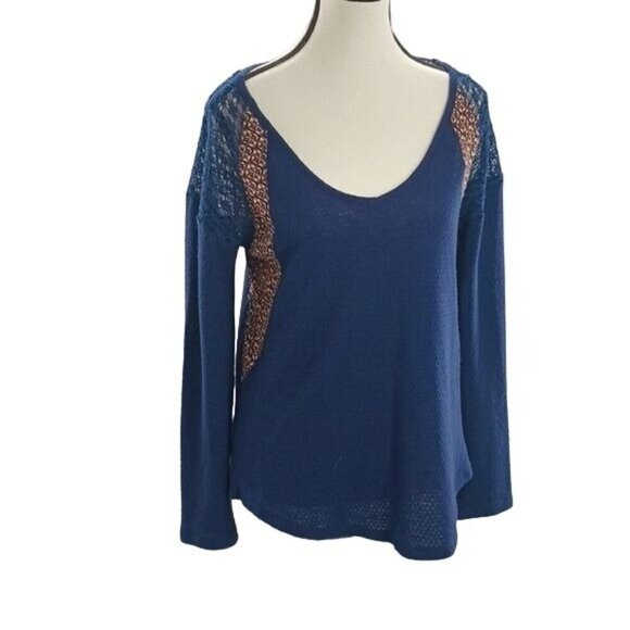Miss Me Tops - Miss Me Knit Top Blue Lace Geometric Long Sleeve Boho Stretch Womens Size S